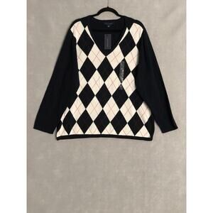 Tommy Hilfiger Women's 0X Ivy Argyle V-Neck Sweater Navy NEW